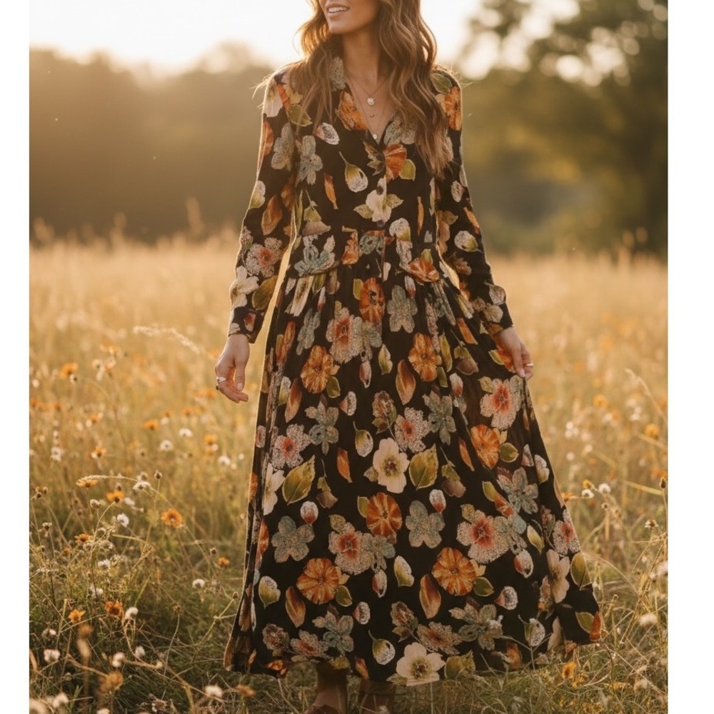 Vtg Phool‎ Women Maxi Dress L Earthy Feminine Whimsical Boho Airy breathable